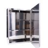 Stainless steel medicine cabinet with mirrored door open showing interior shelves and chrome hardware