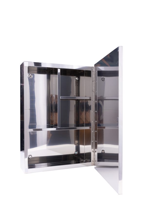 Stainless steel medicine cabinet with mirrored door open showing interior shelves and chrome hardware