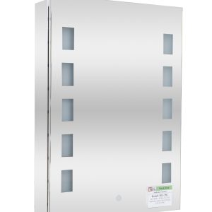 White recessed medicine cabinet with mirrored door and ventilation holes for bathroom storage