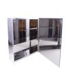 Stainless steel double-door medicine cabinet with mirrored front doors and internal shelving open