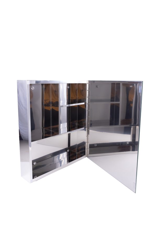 Stainless steel double-door medicine cabinet with mirrored front doors and internal shelving open