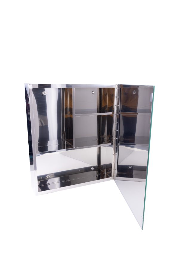 Glass medicine cabinet with mirrored doors open displaying interior shelving and chrome hardware