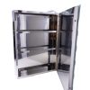 Stainless steel recessed medicine cabinet with single mirrored door open displaying three shelves
