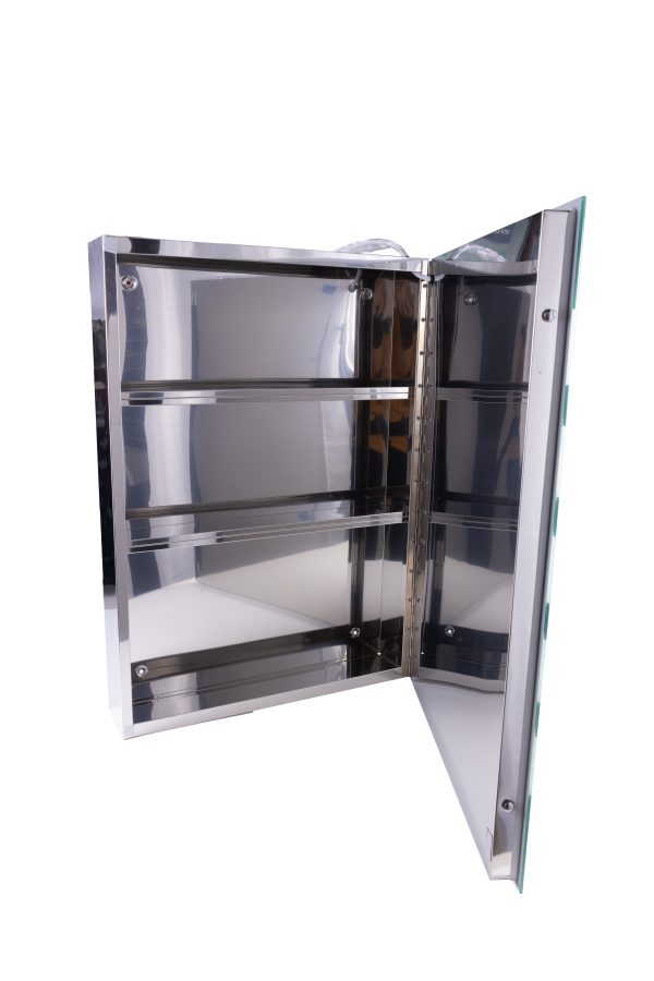 Stainless steel recessed medicine cabinet with single mirrored door open displaying three shelves