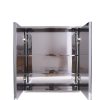 Stainless steel double-door recessed medicine cabinet with mirrored interior and shelving