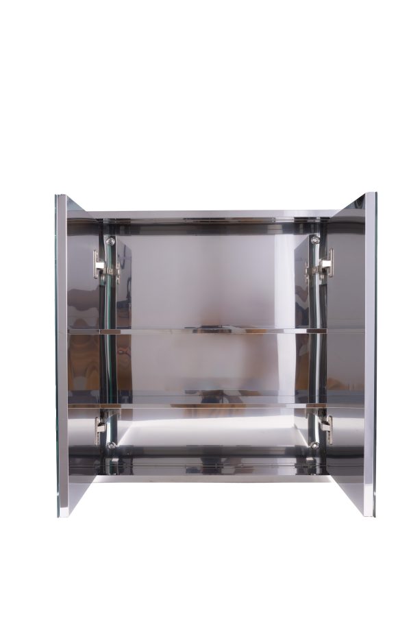 Stainless steel double-door recessed medicine cabinet with mirrored interior and shelving