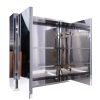 Modern stainless steel medicine cabinet with mirrored doors open showing shelves and internal storage