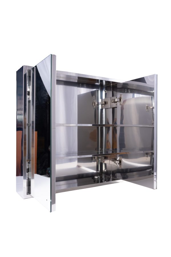Modern stainless steel medicine cabinet with mirrored doors open showing shelves and internal storage
