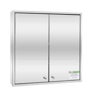 White surface-mounted medicine cabinet with dual mirrored doors and chrome handles