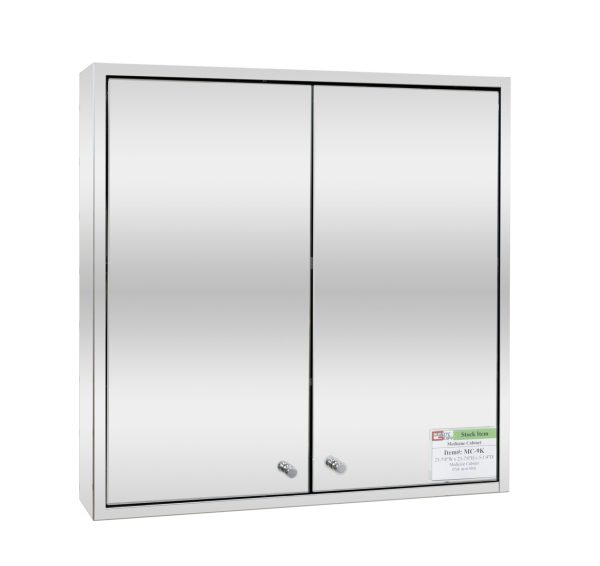 White surface-mounted medicine cabinet with dual mirrored doors and chrome handles