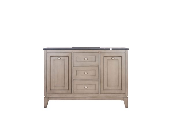 MID-CENTURYSG-48 Beige bathroom vanity with dark countertop, dual side cabinets, and three center drawers