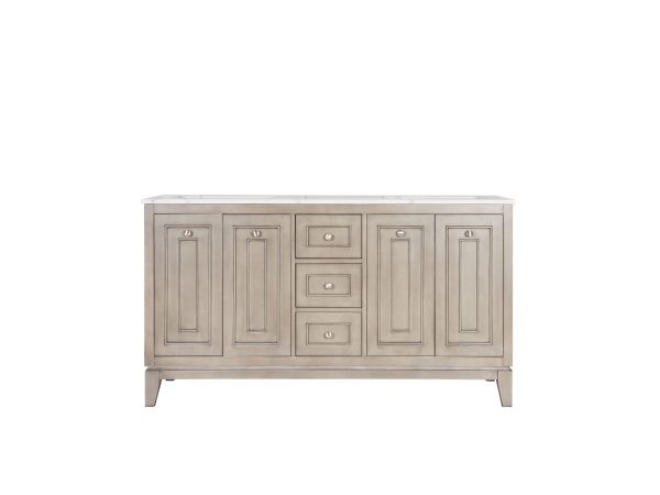 MID-CENTURYSG-60 Whitewashed wood bathroom vanity with five cabinet doors and three center drawers