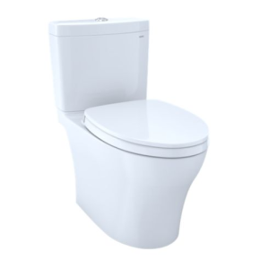 White one-piece toilet with integrated tank and elongated bowl, front-facing view