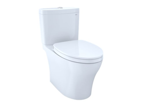 White one-piece toilet with integrated tank and elongated bowl, front-facing view