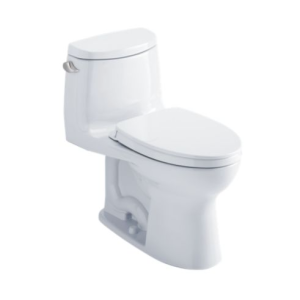 White two-piece toilet with elongated bowl and separate tank, angled front view