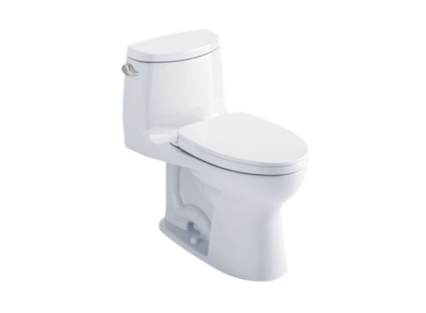 White two-piece toilet with elongated bowl and separate tank, angled front view