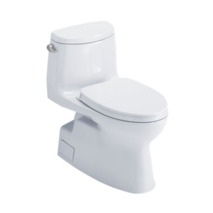 White two-piece toilet with elongated bowl and separate tank, angled view showing right side