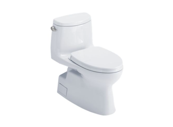 White two-piece toilet with elongated bowl and separate tank, angled view showing right side