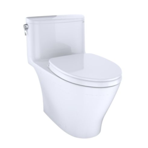 White one-piece toilet with curved design and closed lid, viewed from angled side perspective