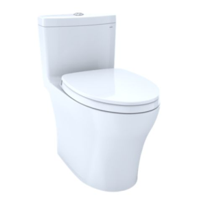White one-piece toilet with elongated bowl and closed lid, viewed from front perspective