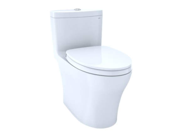 White one-piece toilet with elongated bowl and closed lid, viewed from front perspective