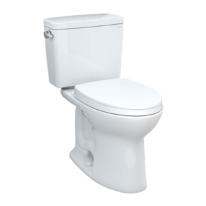 White two-piece toilet with separate tank and bowl, closed lid, viewed from side angle