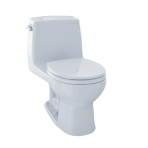 White one-piece toilet with closed lid and tank, viewed from front-angled perspective