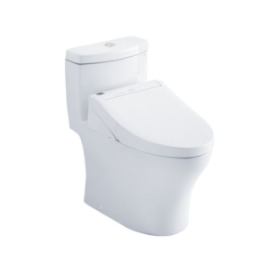 White modern elongated one-piece toilet with soft-close seat and dual flush mechanism on white background