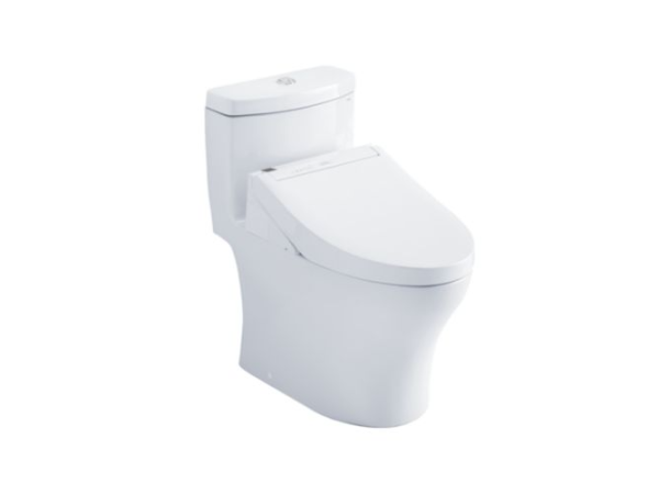 White modern elongated one-piece toilet with soft-close seat and dual flush mechanism on white background