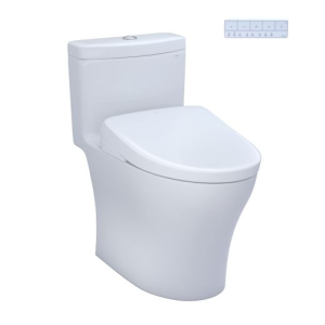 White one-piece elongated toilet with closed seat lid and dual flush mechanism