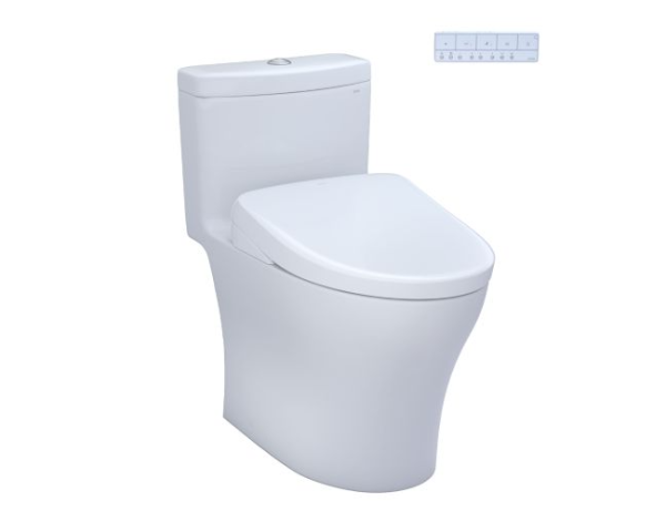White one-piece elongated toilet with closed seat lid and dual flush mechanism