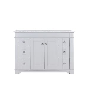 White bathroom vanity with marble countertop, dual center doors, and side drawers