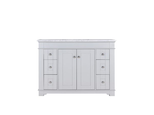 NEWCASTLEG-48 White bathroom vanity with marble countertop, dual center doors, and side drawers