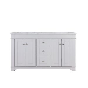 White bathroom vanity with marble top, dual sink cabinets, and center drawers
