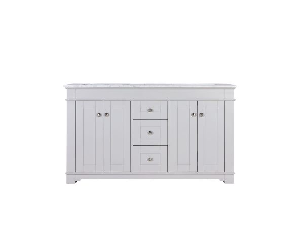 NEWCASTLEG-60 White bathroom vanity with marble top, dual sink cabinets, and center drawers