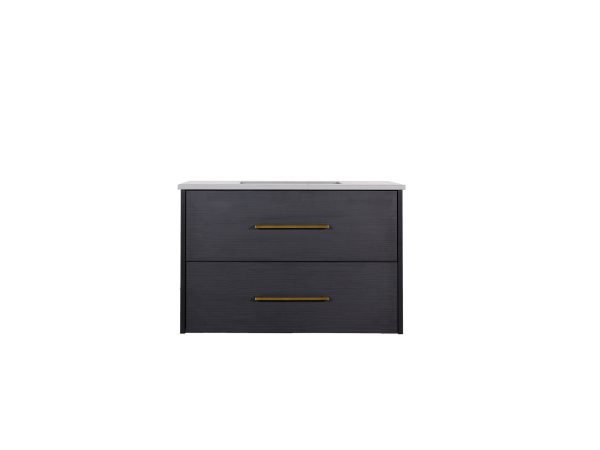 PARISB-36 Black wall-mounted bathroom vanity with two drawers and gold hardware
