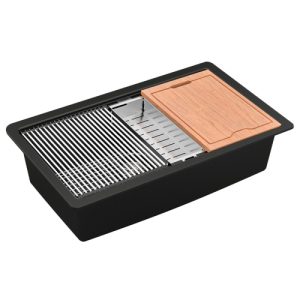 Black undermount kitchen sink featuring integrated draining grill, colander basket, and wood cutting board