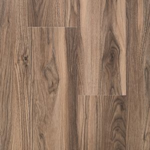 Medium brown wood-look laminate flooring with natural grain texture