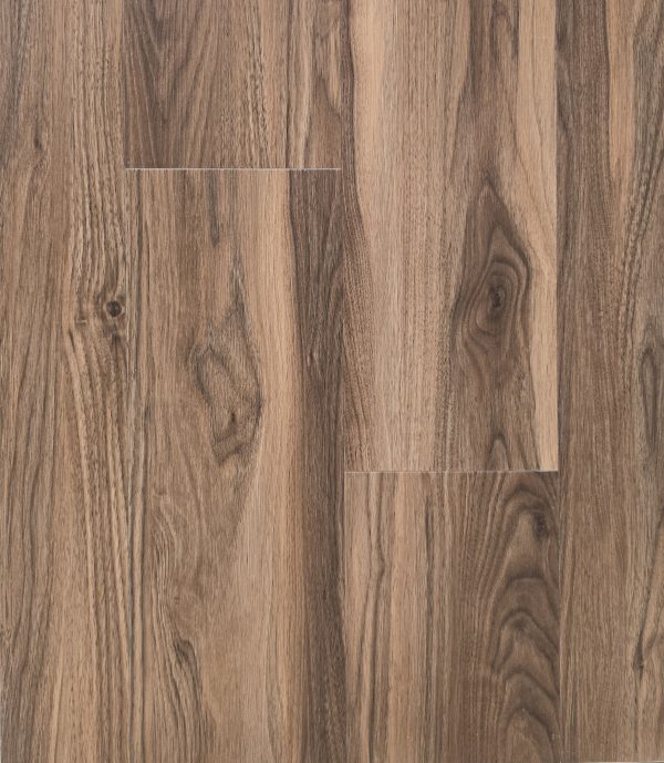 Medium brown wood-look laminate flooring with natural grain texture