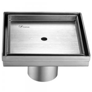 Stainless steel square shower drain with slotted grate pattern and cylindrical outlet