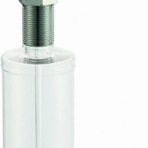 Stainless steel soap dispenser with brushed nickel finish and curved spout, mounted on clear plastic bottle reservoir