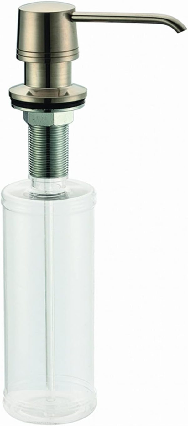 Stainless steel soap dispenser with brushed nickel finish and curved spout, mounted on clear plastic bottle reservoir