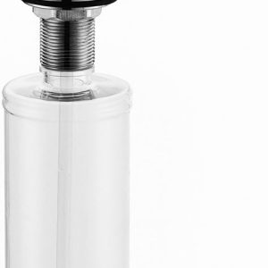 Chrome soap dispenser pump with cylindrical pump head and curved spout attached to clear plastic refillable bottle