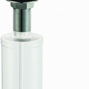 Brushed nickel soap dispenser with curved spout and cylindrical pump body mounted on clear plastic liquid bottle