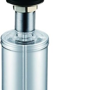 Polished chrome soap dispenser with domed pump head and curved spout connected to clear glass refillable reservoir