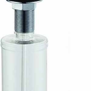Stainless steel soap dispenser with tapered conical design, curved spout, and threaded mounting on clear plastic bottle