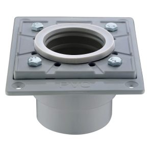 Gray PVC shower drain base with square flange, white collar ring, and four mounting bolts