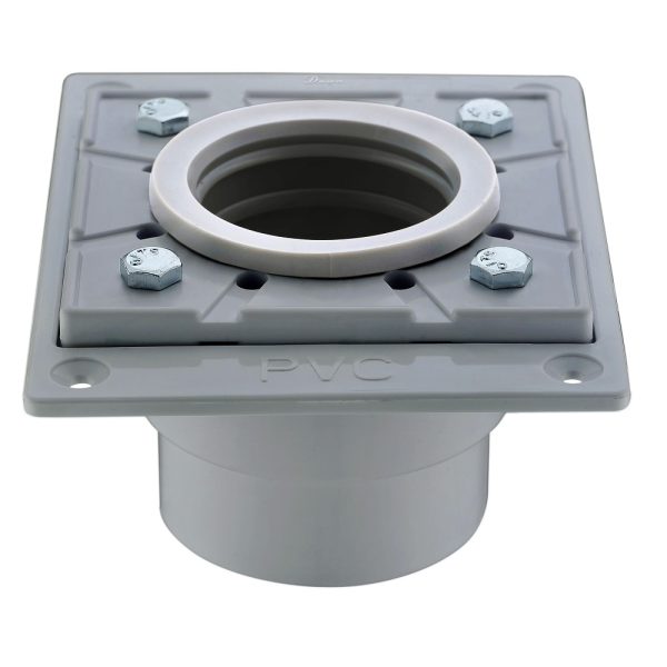 Gray PVC shower drain base with square flange, white collar ring, and four mounting bolts