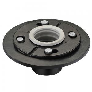 Black rubber floor flange with central threaded opening and four mounting bolt holes