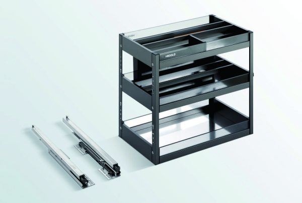 HIGOLD pull-out drawer organizer with three tiers and metal slide-out rails